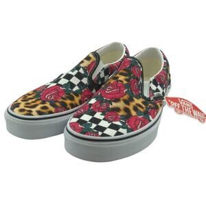 NWT/NIB Vans Black Checkerboard Slip-On Rose Animal Skate Shoe Men's 9.5